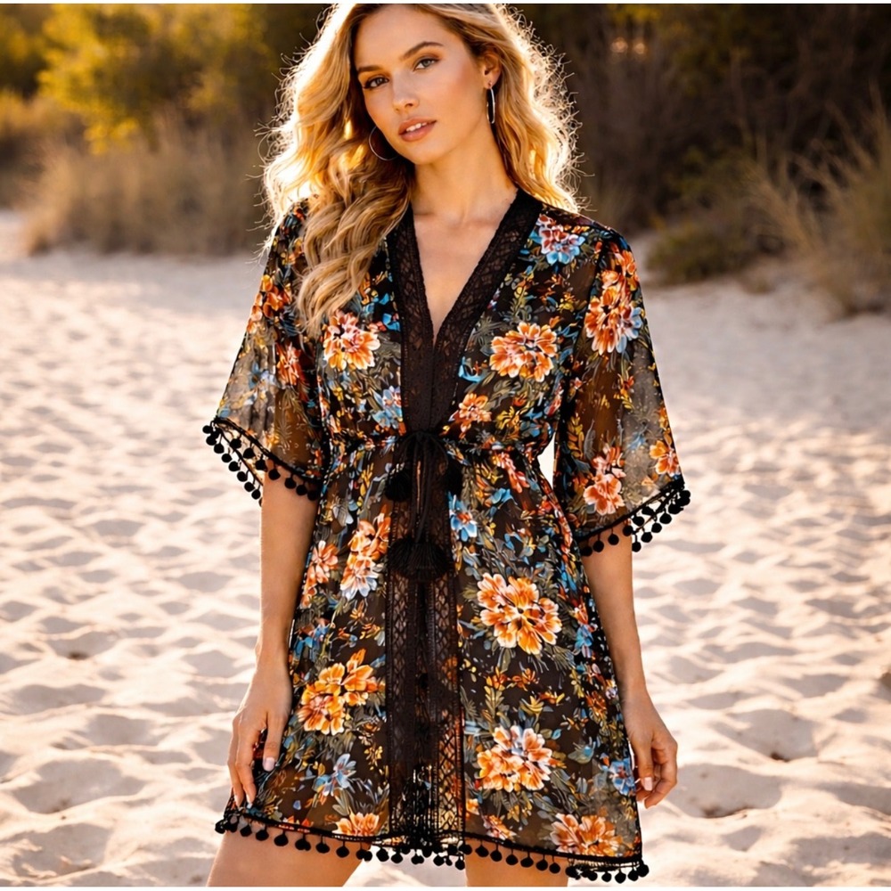 Floral Kimono Swim Cover Up Black Crochet Pom Pom Tassel NWT Boho Beach Vacation